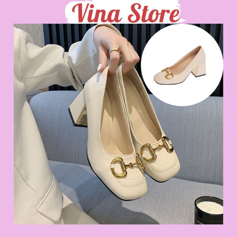 Giày cao gót nữ, gót vuông, mũi vuông gắn xích GG