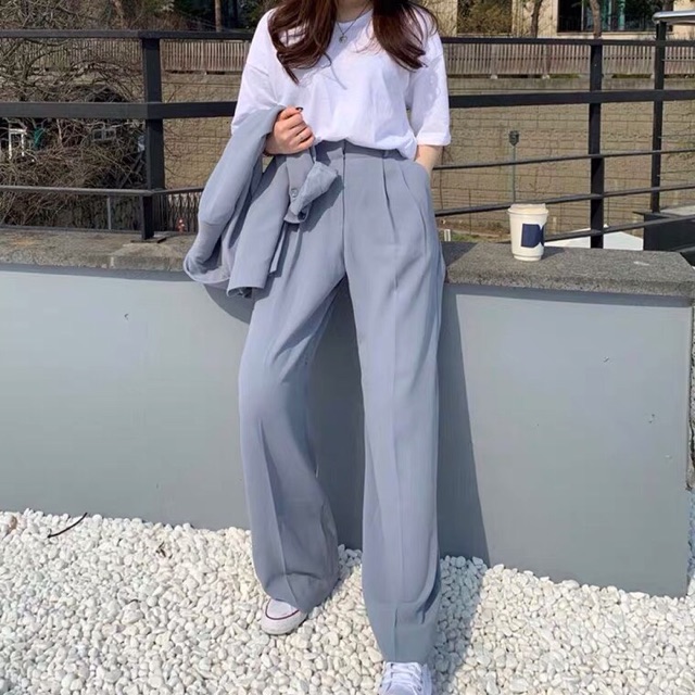 Set áo blazer quần ống rộng công sở Hàn Quốc ( có video shop tự quay), bộ vest Hàn Quốc | BigBuy360 - bigbuy360.vn