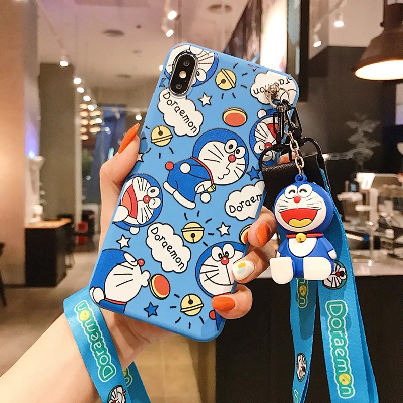 （P43）Ốp điện thoại có giá đỡ kiêm gương và dây đeo Doraemon cho Samsung Galaxy A20 A30 M10S A205 A305 A20S A50 A70 A70s A71