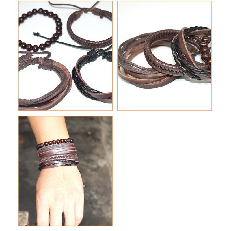 combo 4 vòng đeo tay bằng da bện thời trang cho nam