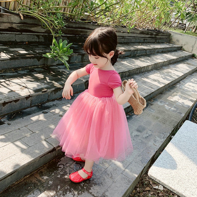 Đầm Tay Ngắn Cổ Tròn Phối Lưới Phong Cách Hàn Quốc Ngọt Ngào Cho Bé Gái