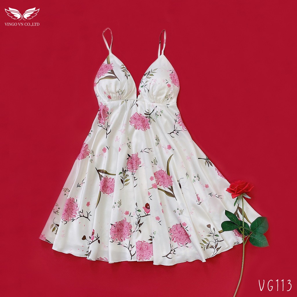 VINGO Váy Ngủ Lụa Pháp Mặc Nhà Nữ Hai Dây Có Mút Ngực Họa Tiết Hoa Cúc Cánh Dài Hồng Tím Nền Trắng Quyến Rũ VG113 VNGO | BigBuy360 - bigbuy360.vn
