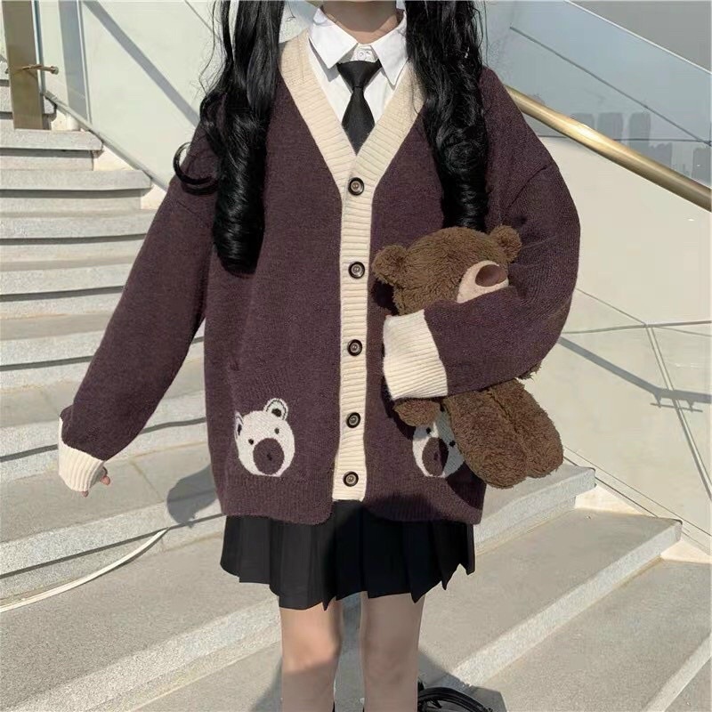 Áo cardigan nữ túi gấu chất len dày cao cấp, Áo khoác len dài tay nữ form rộng hai màu trắng nâu