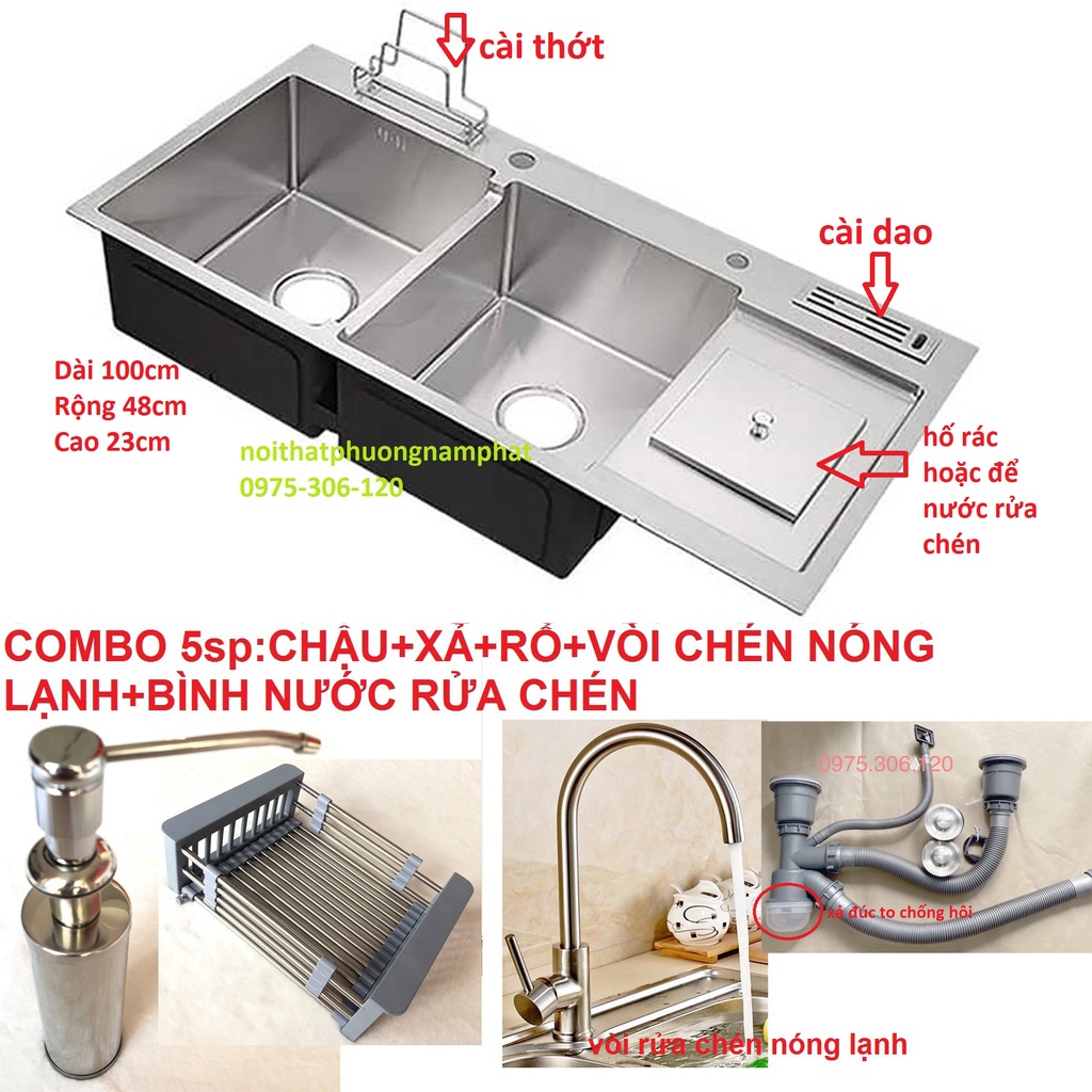 [Chậu Đúc] Combo Chậu Rửa Chén Bát INOX SUS 304 N3 10048 NA.GRAND và Xả và Rổ và Vòi chén nóng lạnh và Bình rửa chén