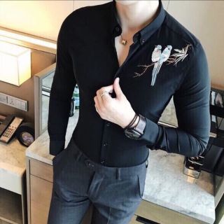 ÁO SƠ MI NAM HOẠ TIẾT THÊU CHIM HAI MÀU ĐEN TRẮNG FORM CHUẨN