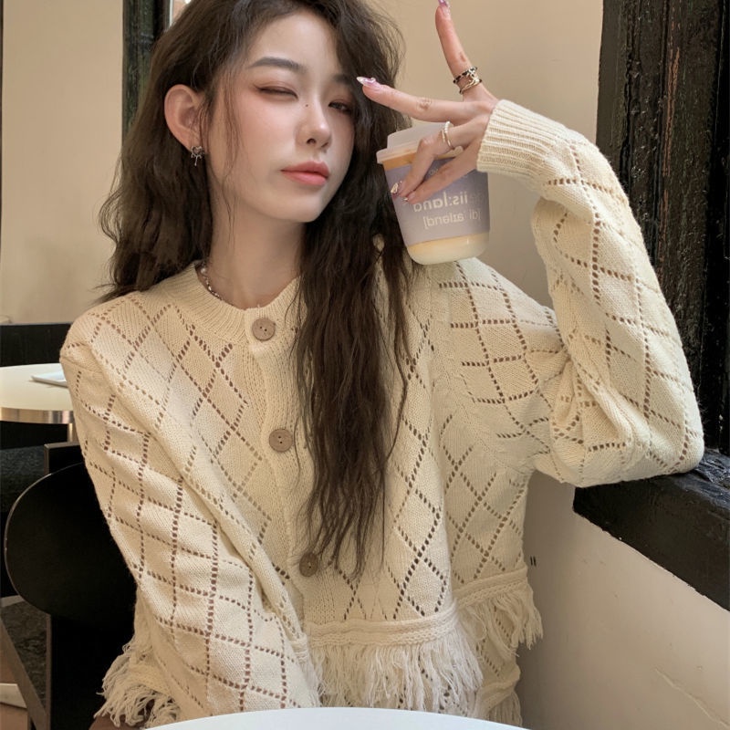 Áo Khoác cardigan Dệt Kim Mỏng Dáng Ngắn Thiết Kế Nhiều Lớp Phối Tua Rua Thời Trang Mùa Thu Mới Cho