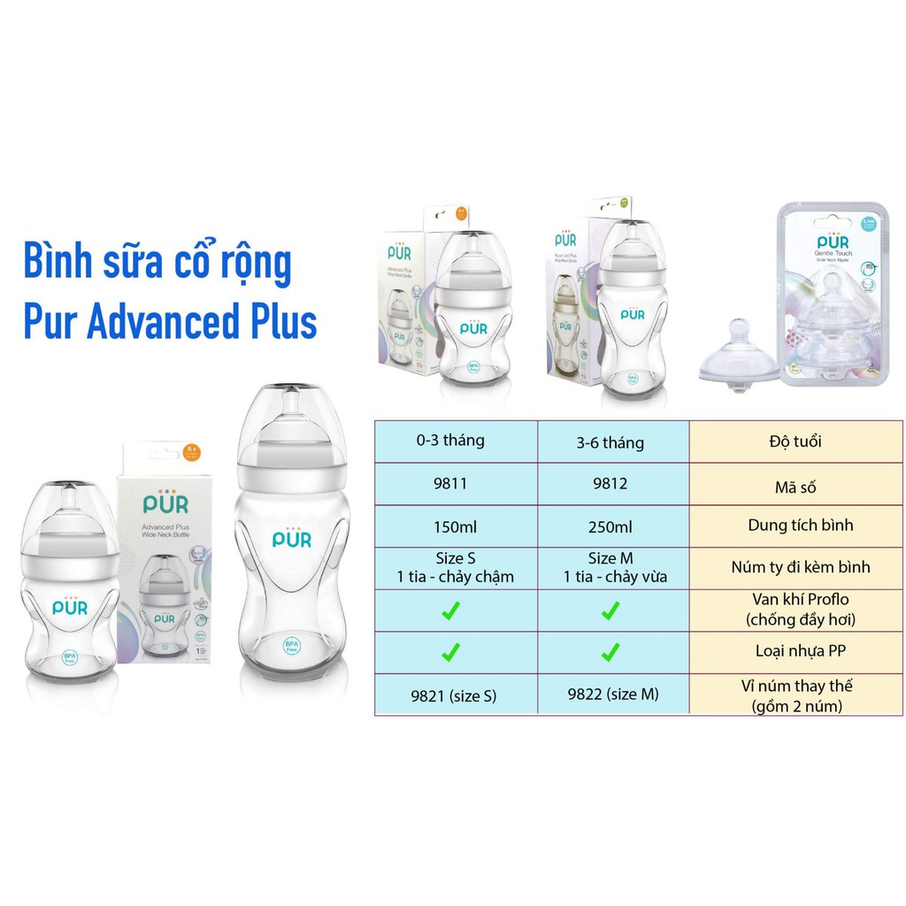 Bình sữa cho bé cổ rộng Pur Milk Safe 250ml (9812), không chứa BPA, có eo giúp bé dễ cầm và ôm bình tự bú sữa