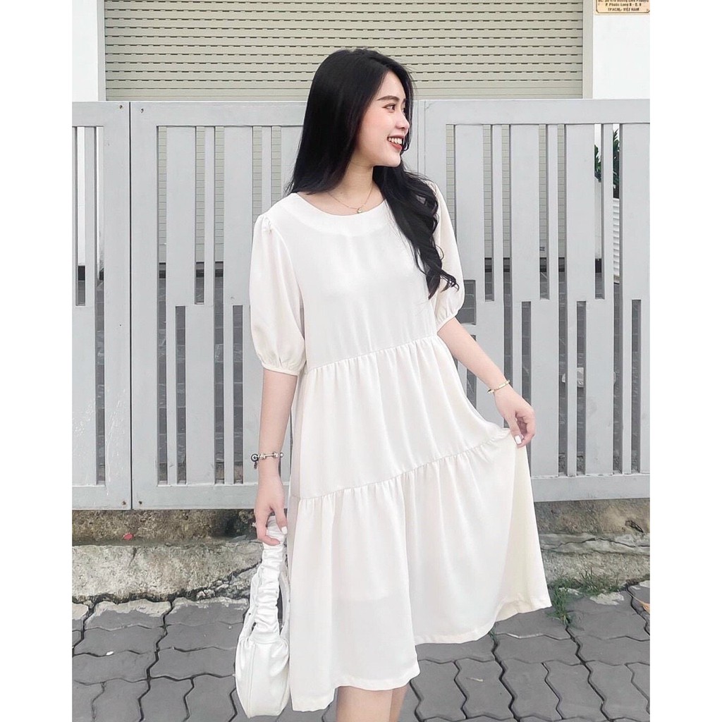 Đầm babydoll dáng dài midi váy xòe tay ngắn 2 màu trắng đen cổ điển
