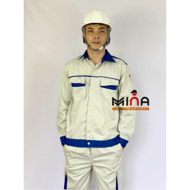 Quần áo công nhân bảo hộ lao động Mina Safety be phối xanh vải kaki liên doanh quần túi hộp