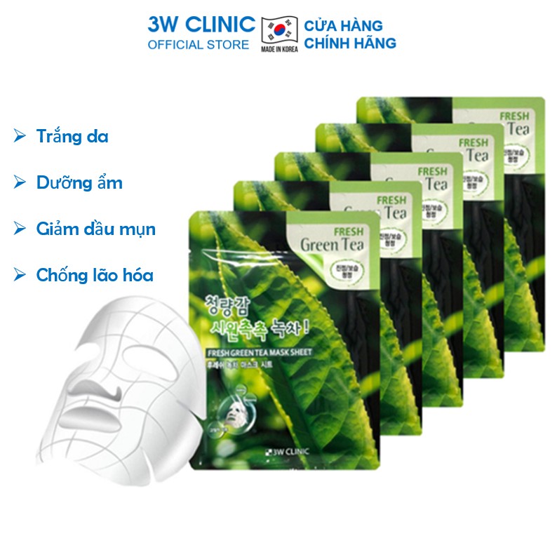 Combo 10 Túi Mặt nạ giấy - Mặt nạ dưỡng da giảm mụn chiết xuất Trà Xanh 3W Clinic Hàn Quốc 23mlx10