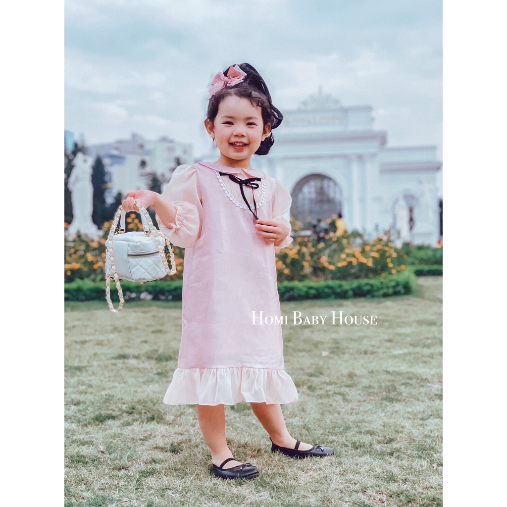 Đầm công chúa HOMI BABY HOUSE váy bé gái công chúa tay dài nơ đen màu hồng/vàng