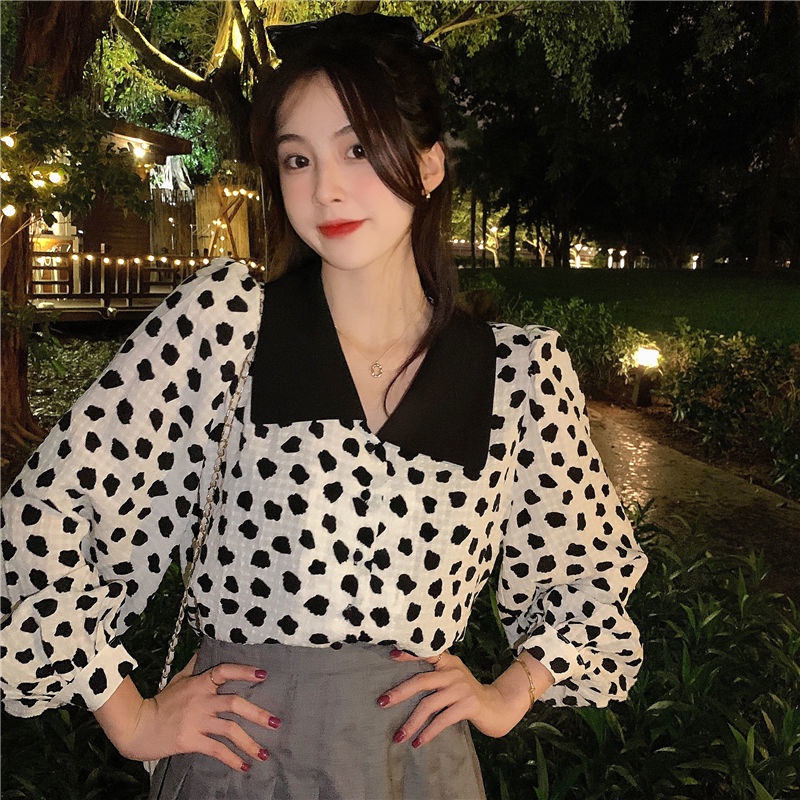 Áo sơ mi BH chấm bi cổ búp bê dài tay thời trang Hàn Quốc dành cho nữ 2022