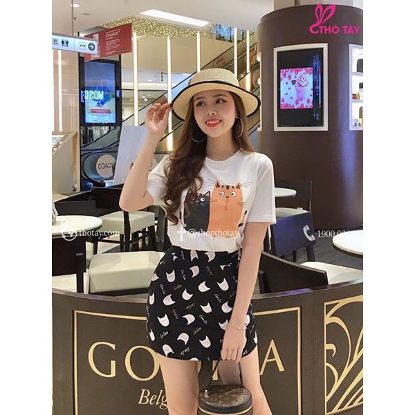 Sét Áo Thun Phối Chân Váy In Hình Mèo Ngộ Nghĩnh TTS0584