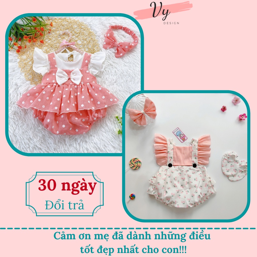 Bộ Sơ Sinh Mùa Hè Cho Bé Gái VY DESIGN. Body Bé Gái Thiết Kế Quả  Cherry, Chất Mát, Kèm Băng Đô Và Giày. Quà Đầy Tháng