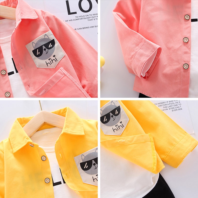 BEAR LEADER Bộ 3 Món Áo Sơ Mi In Chữ + Quần Dài Màu Trơn Thời Trang Mùa Thu Cho Bé Trai