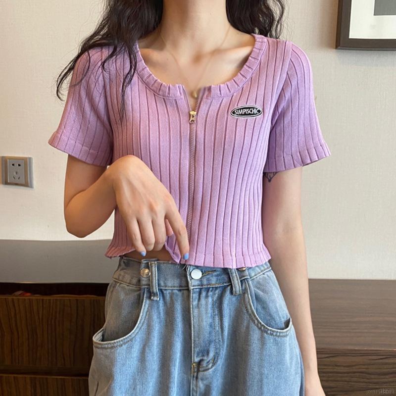 Áo croptop nữ tay ngắn cổ vuông phối khóa kéo xinh xắn thời trang