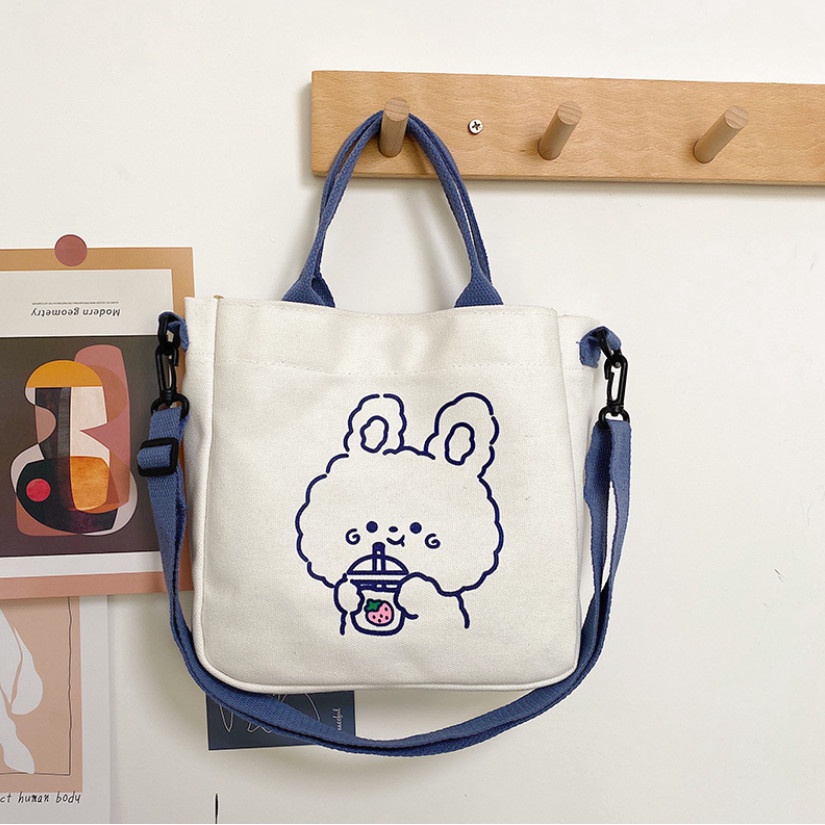 Túi tote đeo chéo vải canvas cao cấp gấu thỏ cute để vừa sách vở đi học đi chơi cho học sinh