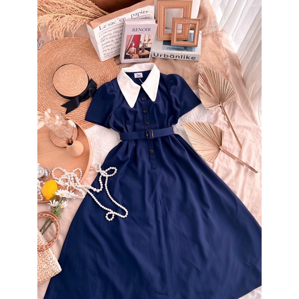 Đầm midi tay ngắn, váy midi dài xanh cổ peter trắng phối nịt siêu xinh đi chơi đi du lịch hẹn hò đều xinh Tây Thi Shop | BigBuy360 - bigbuy360.vn