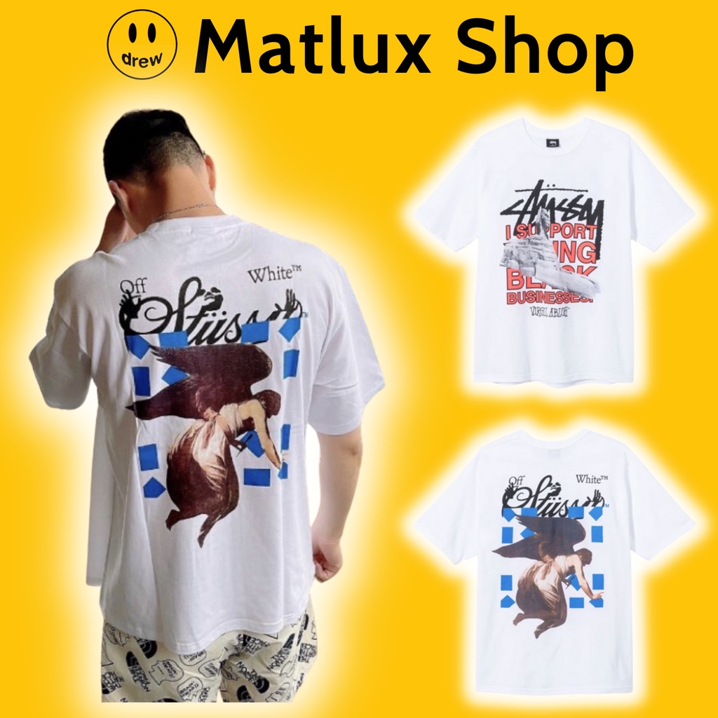 Áo thun STUSSY OFF-WHITE virgil màu trắng bản cao cấp, Áo tee STUSSY chất liệu vải cotton in chữ form rộng oversize