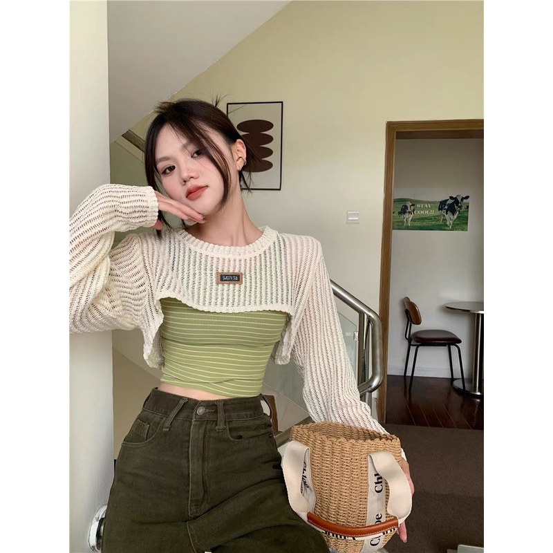 Set len lưới mỏng Thucucstore Set áo khoác cardigan lưới và áo hai dây hàng Quảng Châu loại 1