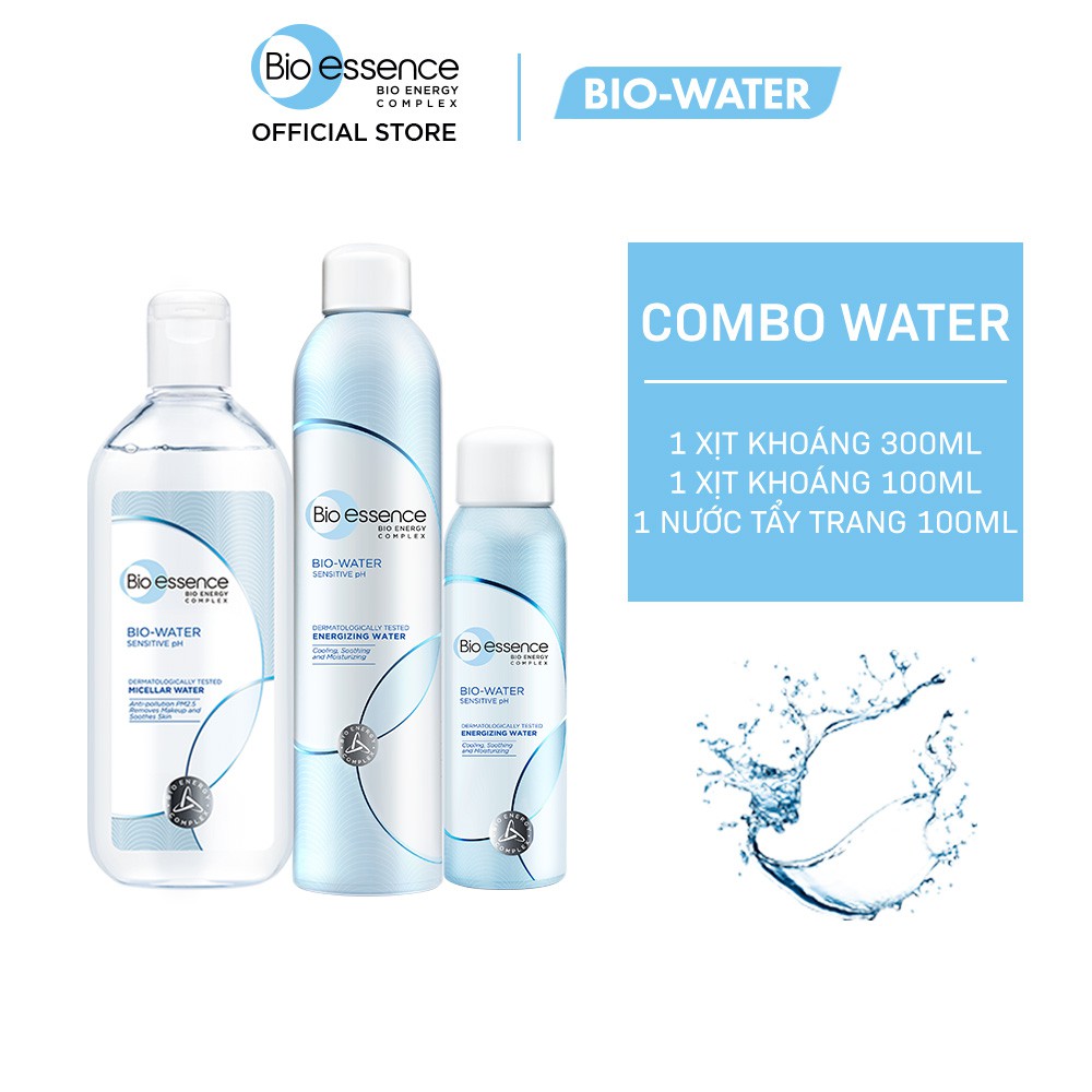 Bộ sản phẩm làm sạch và cấp ẩm cho da Bio-Essence Bio Water (Tẩy trang Micellar Water 100ml+ Xịt khoáng 300ml và 100ml))