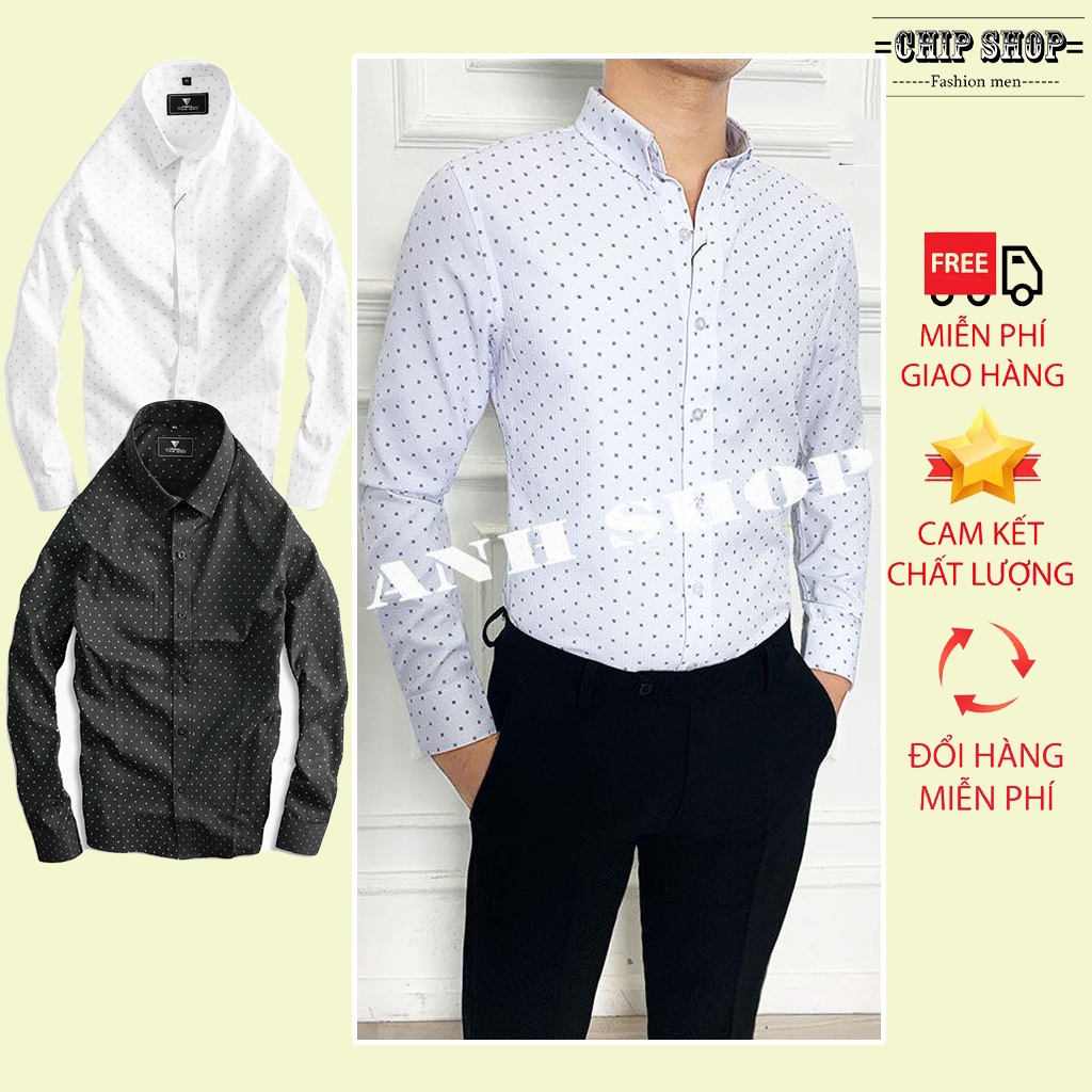 Áo sơ mi nam họa tiết chấm bi dày tay cao cấp , chất liệu vải cotton dày dặn