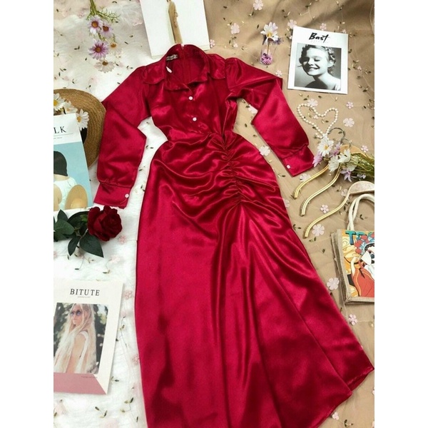 Đầm maxi sơmi phi nhíu eo dài tay 2 màu