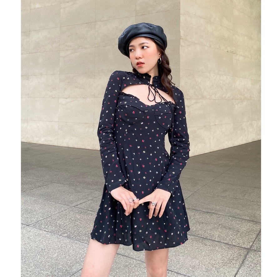 Anniegals - Đầm đen nền hoa cột dây tay dài - Penny Dress | BigBuy360 - bigbuy360.vn