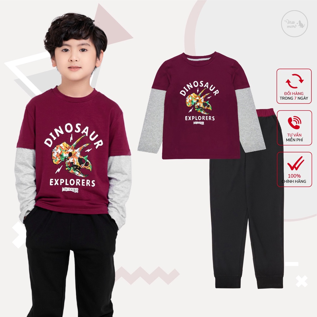 Bộ quần áo thu đông cho bé trai dài tay BIGFOX - MISS MEOW size đại vải thun cotton in khủng long cỡ trẻ em 3-11 tuổi