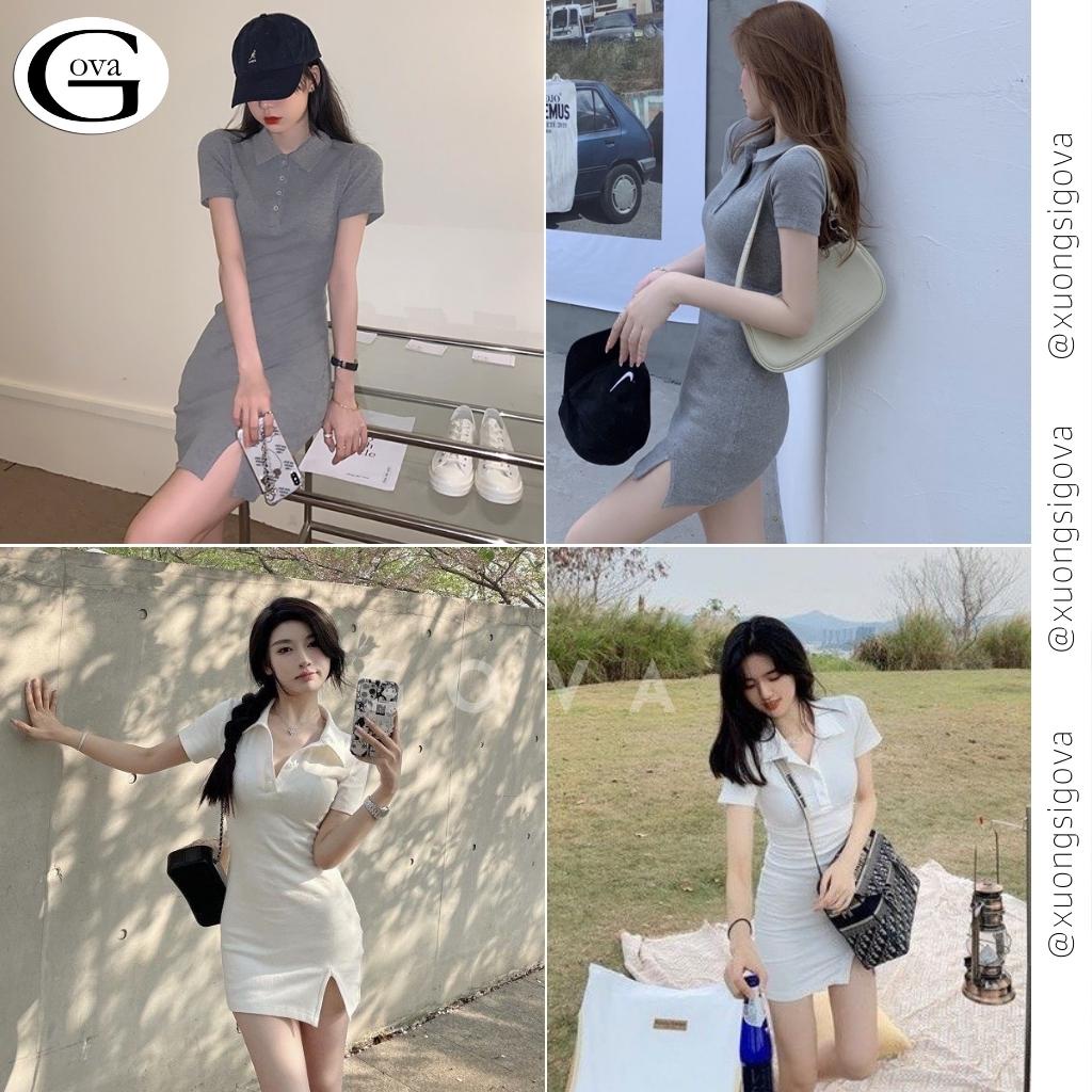 Váy Body Cổ Bẻ Xẻ Trước Chất Thun Gân Tăm Đầm Ôm Sexy GOVA