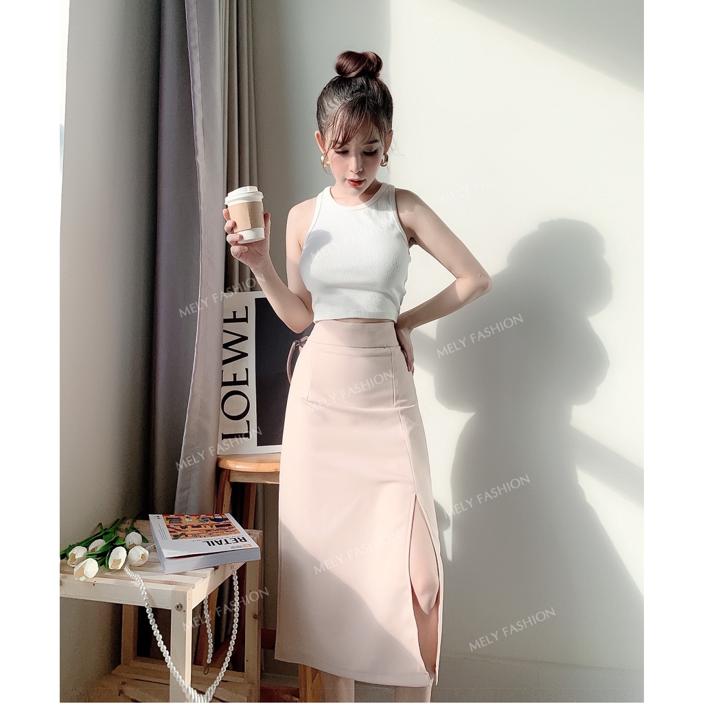 Chân váy Midi xẻ tà dài dáng suông đơn giản cá tính phong cách sang trọng có big size Mely's Fashion CV23