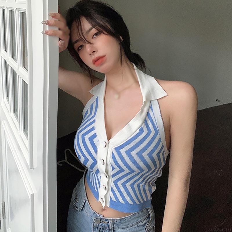 [Mã FAMAYWA giảm 10K đơn 50K] Áo Tank Top Dệt Kim Hoạ Tiết Kẻ Sọc Thiết Kế Cổ Chữ V Quyến Rũ | BigBuy360 - bigbuy360.vn