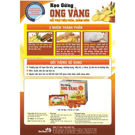 Kẹo Gừng Ong Vàng - Ấm Tì Vị, Giảm Ho, Buồn Nôn Say Tàu Xe