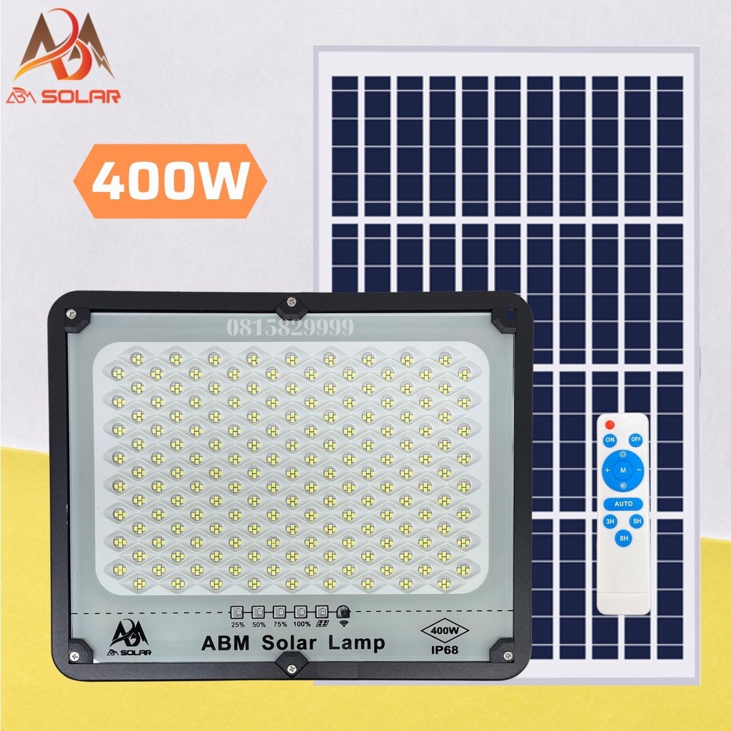 Đèn Năng Lượng Mặt Trời Nhôm Đúc Chống Loá , Có Báo % Pin, Công Suất 400W, Chống Nước IP68- ABM SOLAR