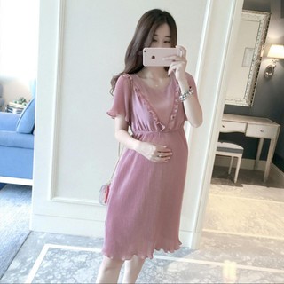 THANH LÝ ĐẦM BẦU : Váy Bầu Voan Hồng Kiểu Dáng Cổ Bèo Chân Váy Xếp Ly Dễ Thương