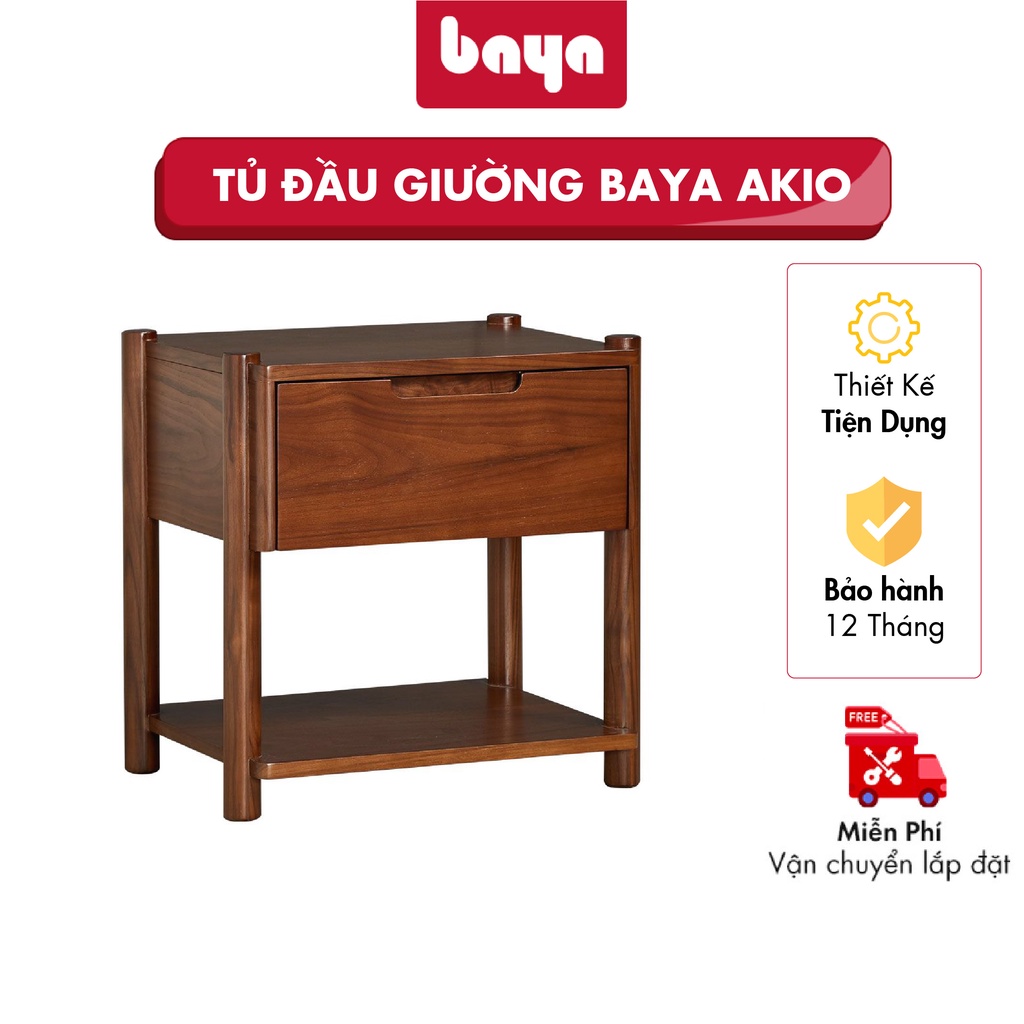 Tủ Đầu Giường BAYA AKIO Phong Cách Nhật Bản Chất Liệu Gỗ Óc Chó Cao Cấp, Bền Màu Nâu Đậm Kích Thước D40xW49xH50 1099904