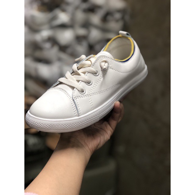 freeship Giày thể thao nữ trắng hồng viền chun 2021, Giày slip on nữ giả buộc dây chất da mềm dễ xỏ êm chân