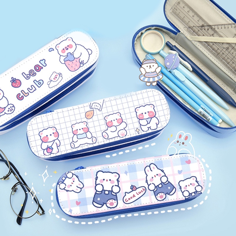 Hoạt Hình Túi Đựng Bút Bằng Da Pu Hai Lớp Chống Thấm Nước Sức Chứa Lớn Có Khóa Kéo