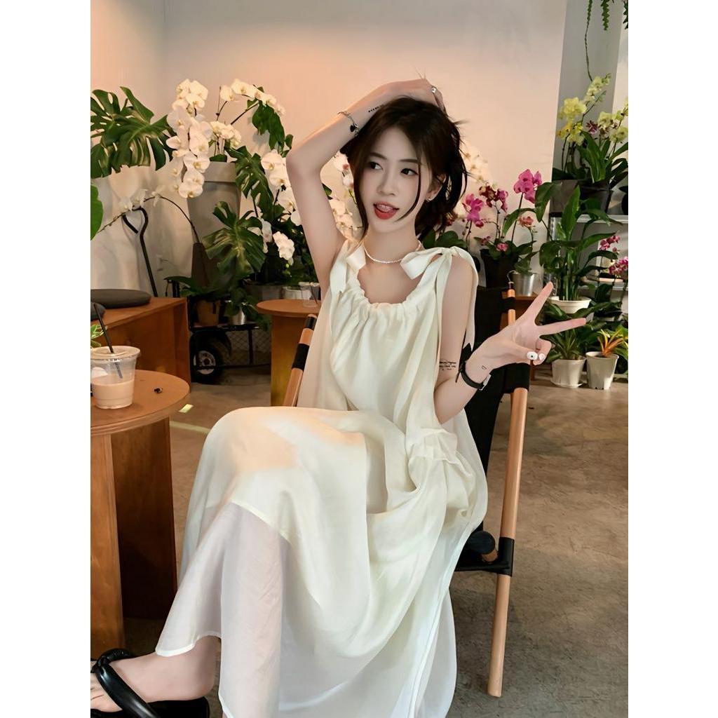 OFF-WHITE Đầm Lửng Hai Dây Dáng Ôm Thời Trang Mùa Hè Ngọt Ngào Dành Cho Bạn Nữ