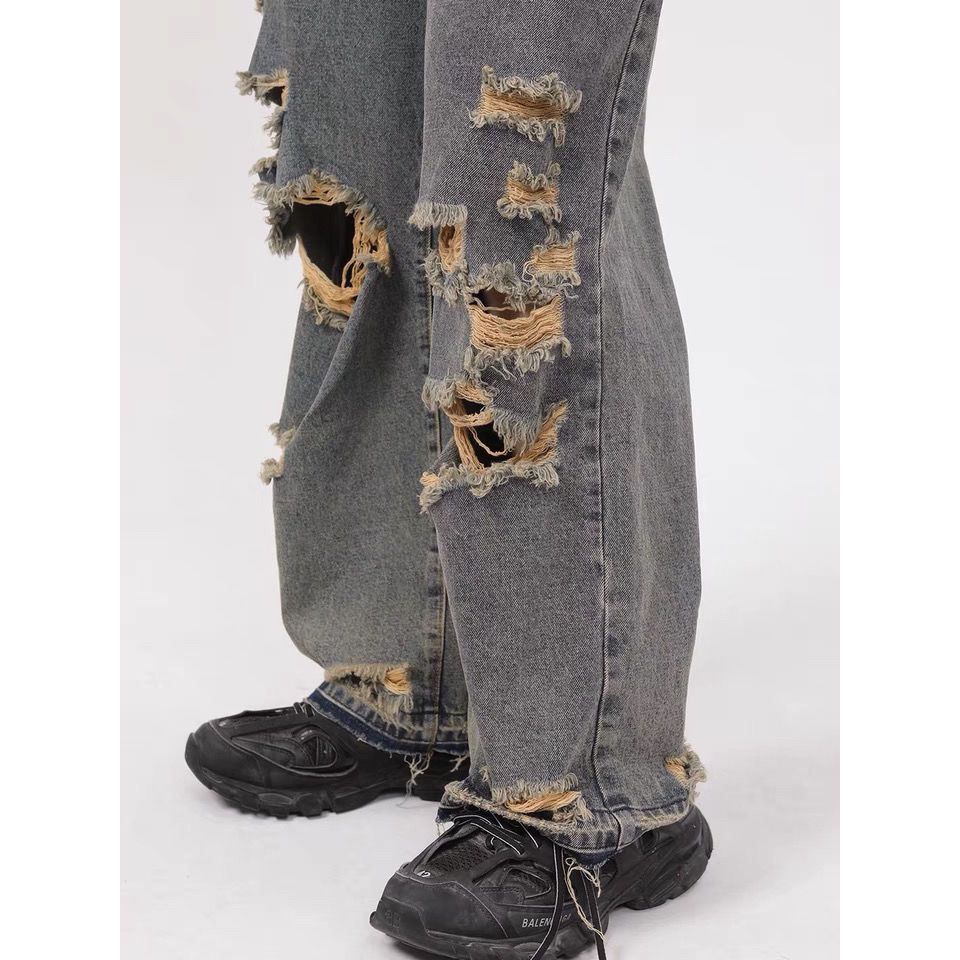 Quần Jeans Dài Phối Vết Rách Cá Tính Cho Nam