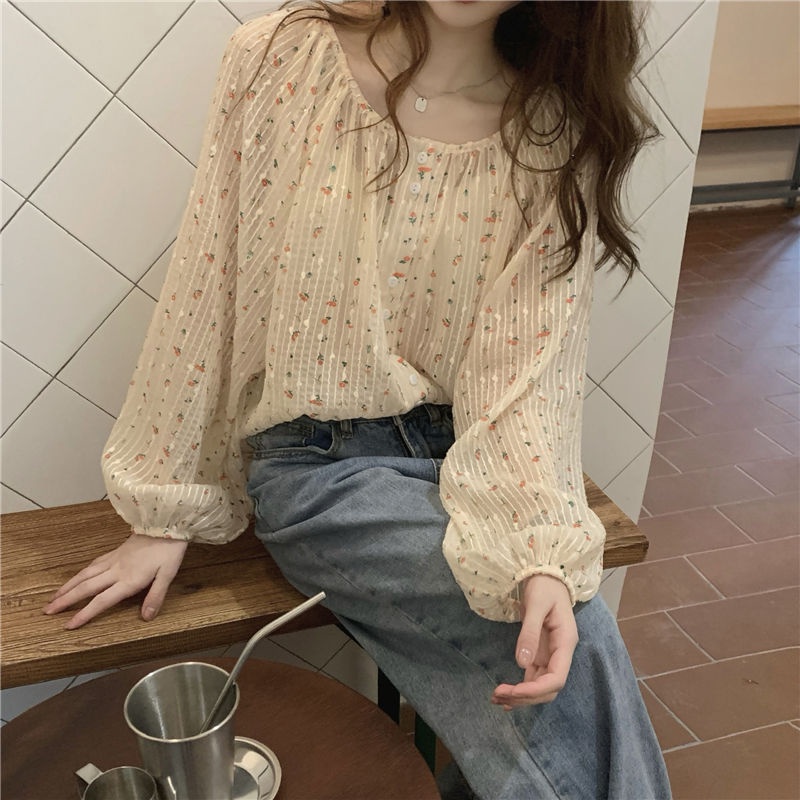 Áo Nữ Tay Dài Cổ Tròn In Hoa Phong Cách Vintage
