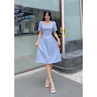 ĐẦM MIDI CỔ V XẾP LY EO TAY BỒNG