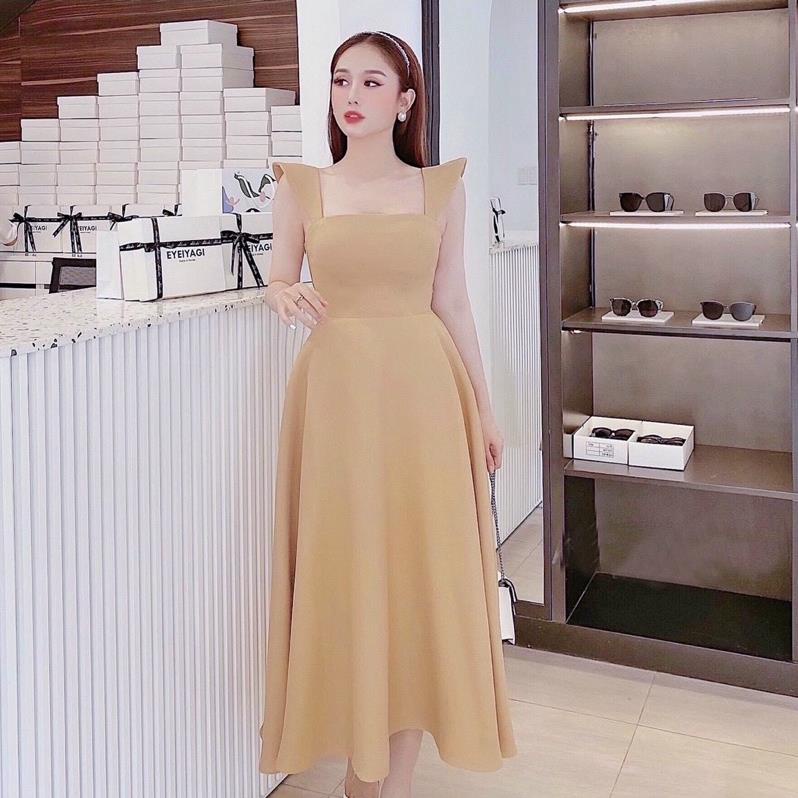 X2 Đầm dáng xòe công chúa màu kem form dài tay nhí chất for cánh tiên cổ vuông dự tiệc đám cưới thanh lịch