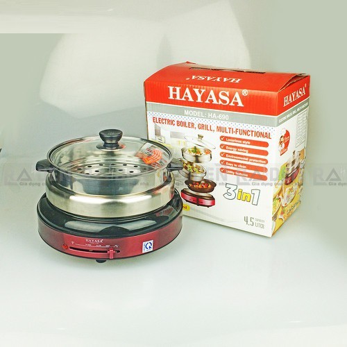 Nồi lẩu điện đa năng 4.5L Hayasa HA-690 với các chức năng nấu lẩu, canh, kho, hấp, nướng, chiên xào, bảo hành 12 tháng