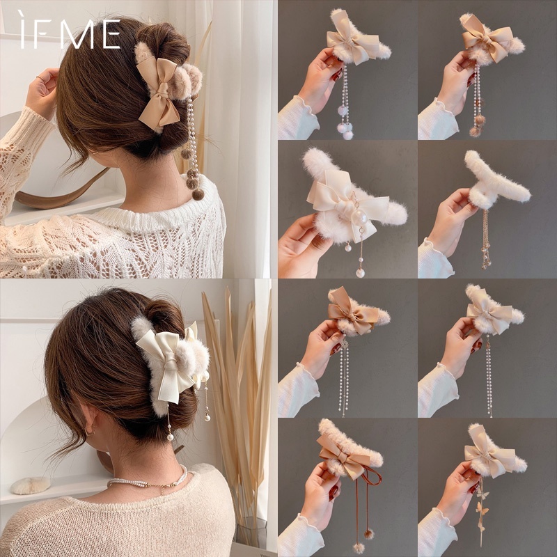 IF ME Kẹp tóc   kiểu nơ phối lông nhung thanh lịch cho nữ