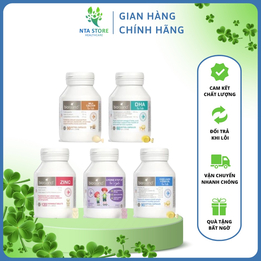 Bộ Bioisland Úc: Kẽm Bioisland, Milk Canxi Bioisland, Dha Kid Bioisland, Lysine Bột & Lysine Viên Bioisland