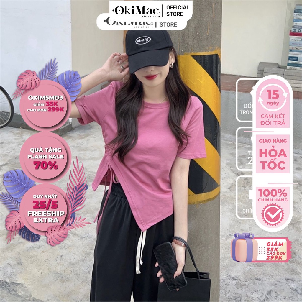 Áo thun nữ tay ngắn cổ tròn tay ngắn rút eo vạt nhọn thun cotton phong cách ulzzang thời trang nữ OKIMAC