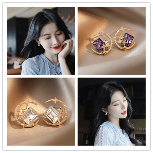 Khuyên Tai Hình Mặt Trăng Ngôi Sao Đính Đá Zircon Tinh Tế Phong Cách Hàn Quốc