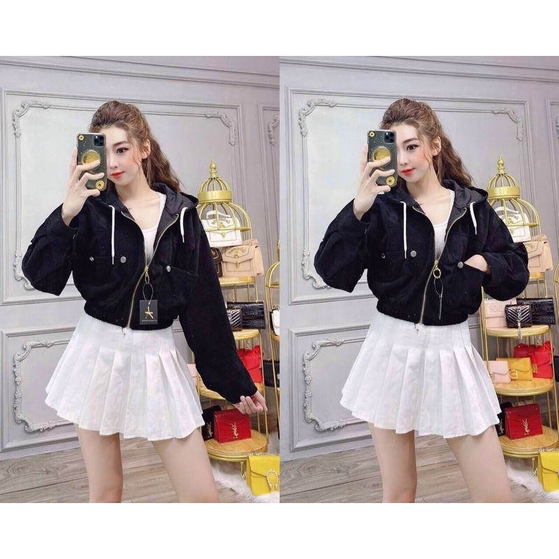 (vải đẹp)Áo khoác nhung croptop from dưới 65kg thiết kế gân nổi bậc có 2 túi trước kute