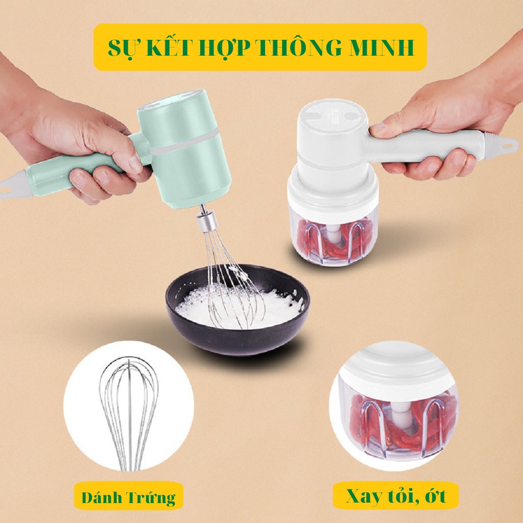 Máy đánh trứng, xay thịt xay tỏi ớt cầm tay mini đa năng không dây cao cấp 4 trong 1